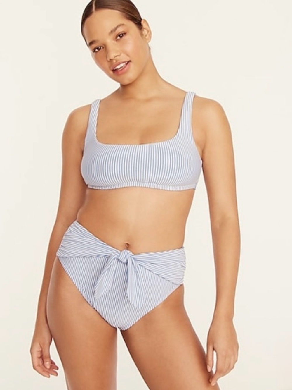 J. Crew Striped Blue & White High Rise Tie Bottom Seersucker Bikini Set ~ Medium